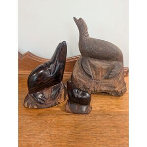 Set of 3 Vintage Hand Carved Ironwood Sea Lion Seal Figurines Family Coastal